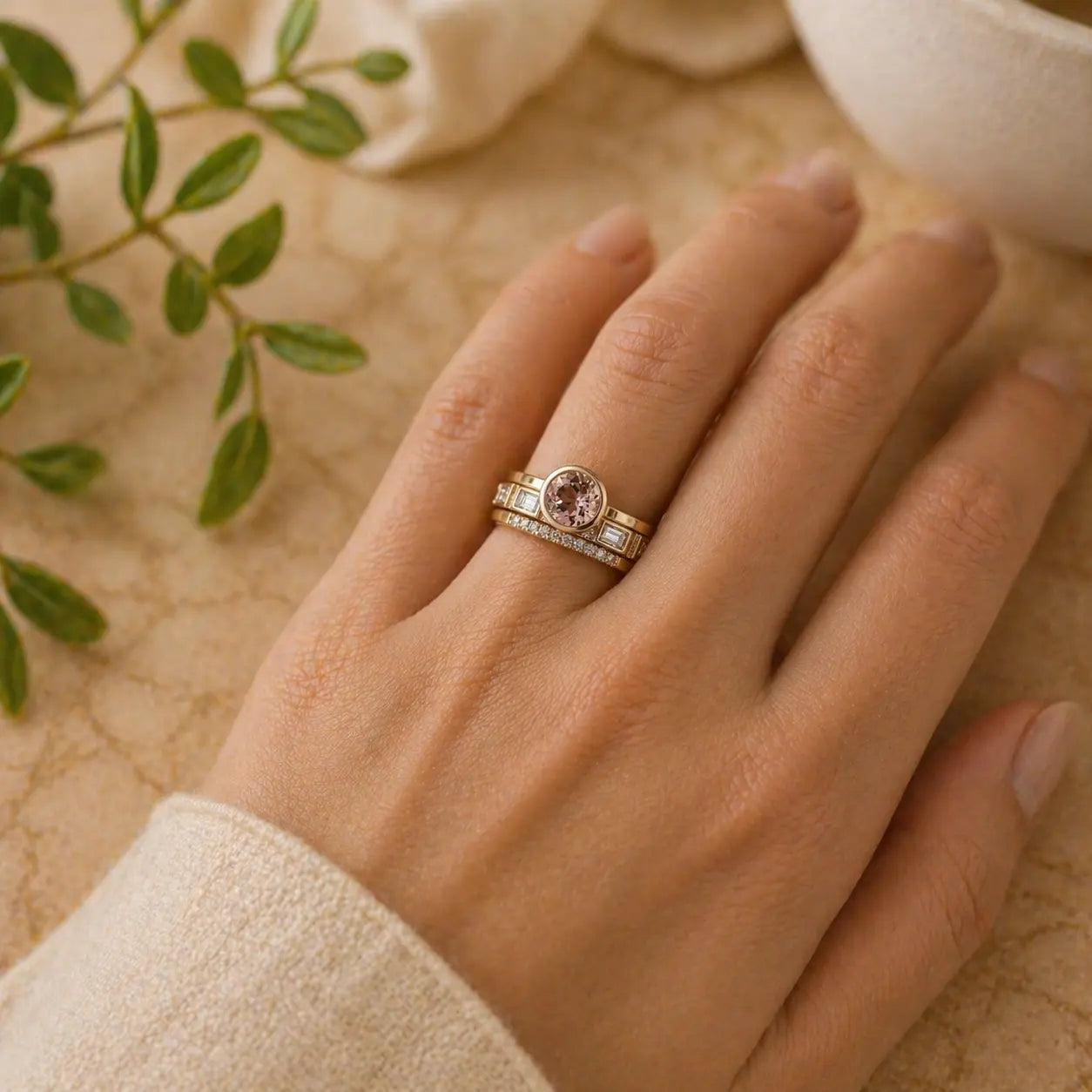 Elegant Gold Morganite Ring Set